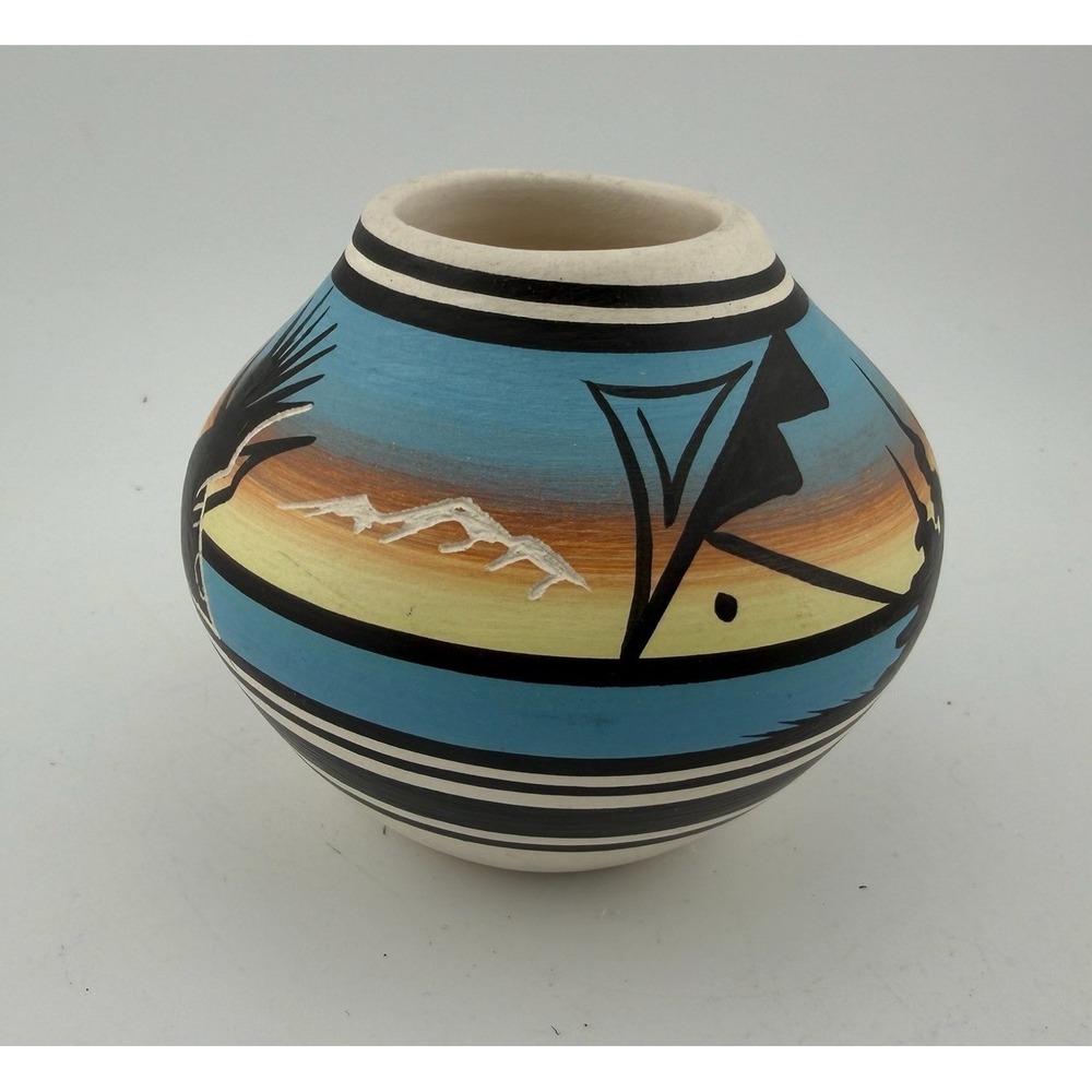 Southwestern Style Ceramic Pot Hand Painted Desert Scene Bird Motif Signed